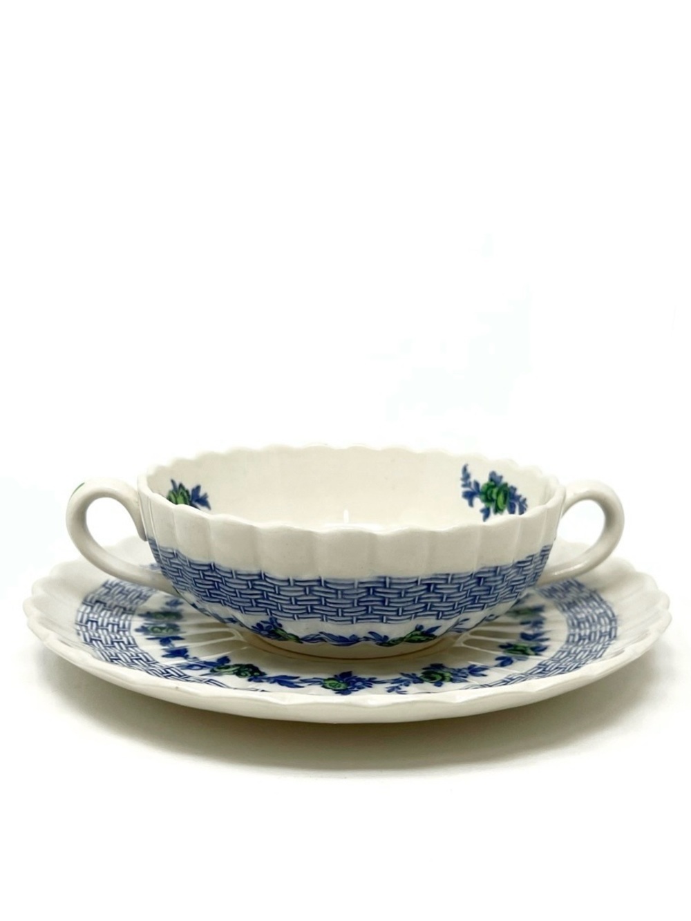 Copeland Spode Blue Belle Double Handle Cream Soup Bowl & Saucer Antique Vintage